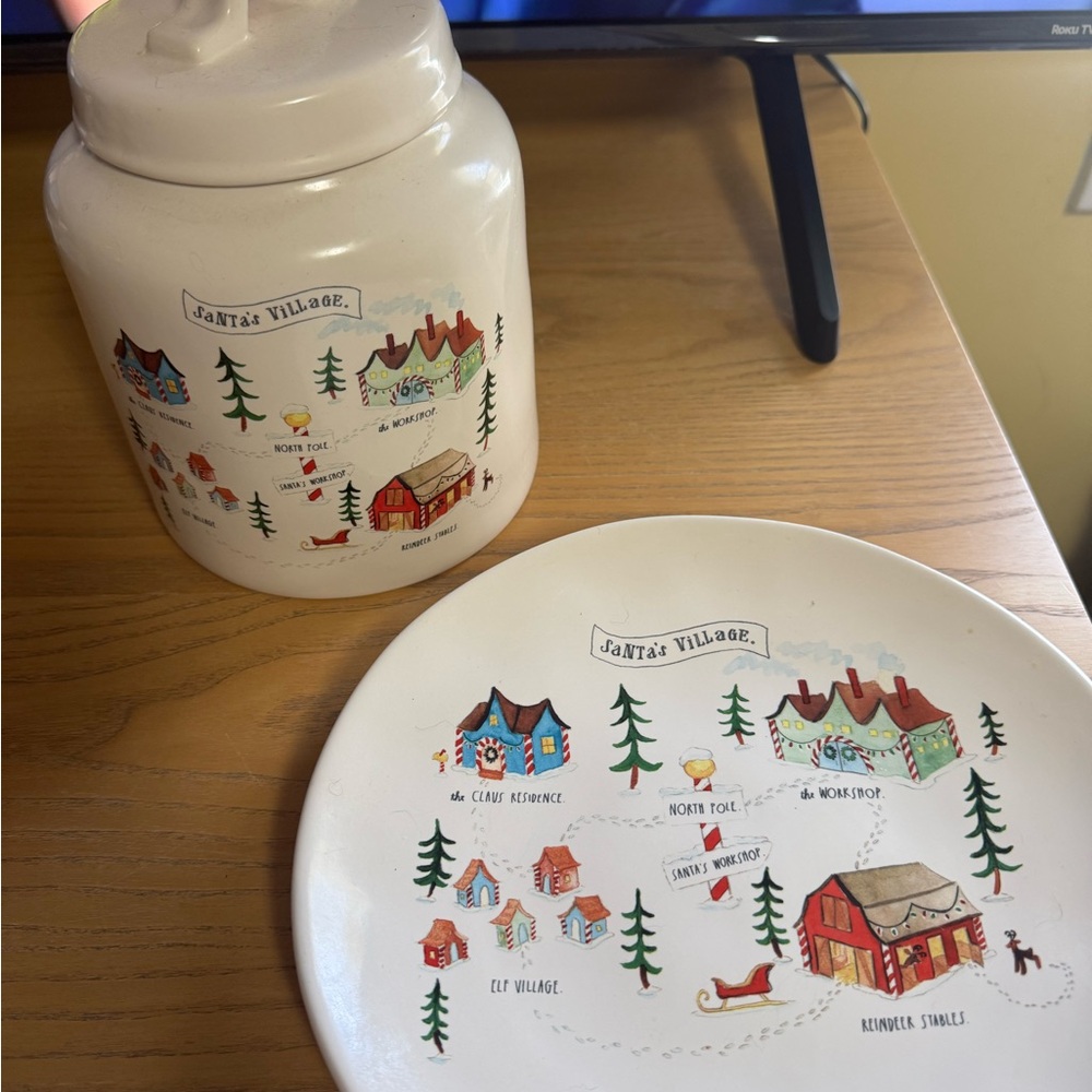 Rae Dunn Santa Village Canister and Plate Set
